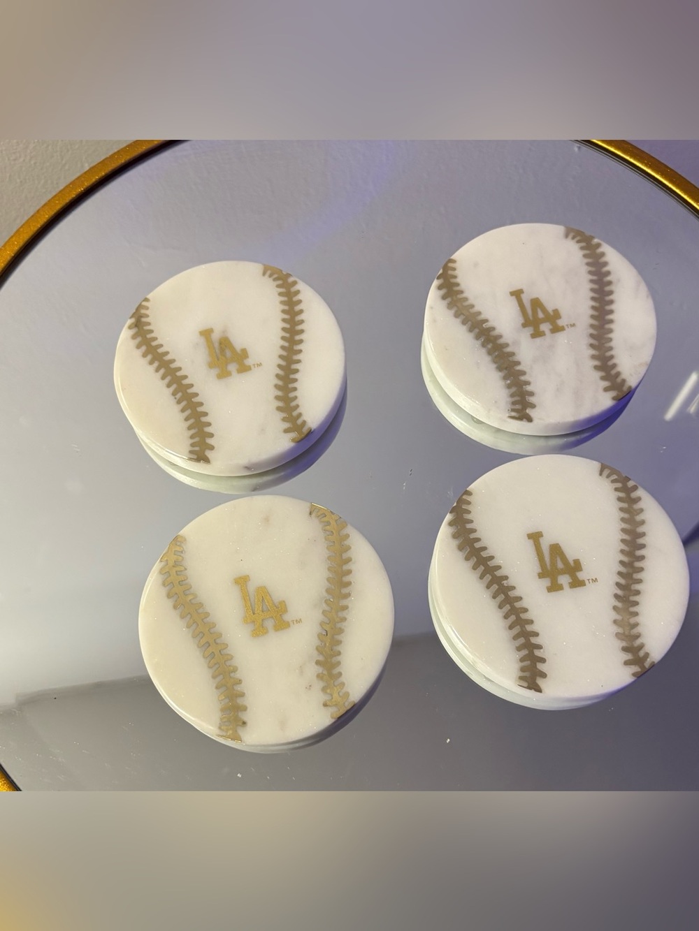 Los Angeles Dodgers Marble Baseball Coasters - White and Gold